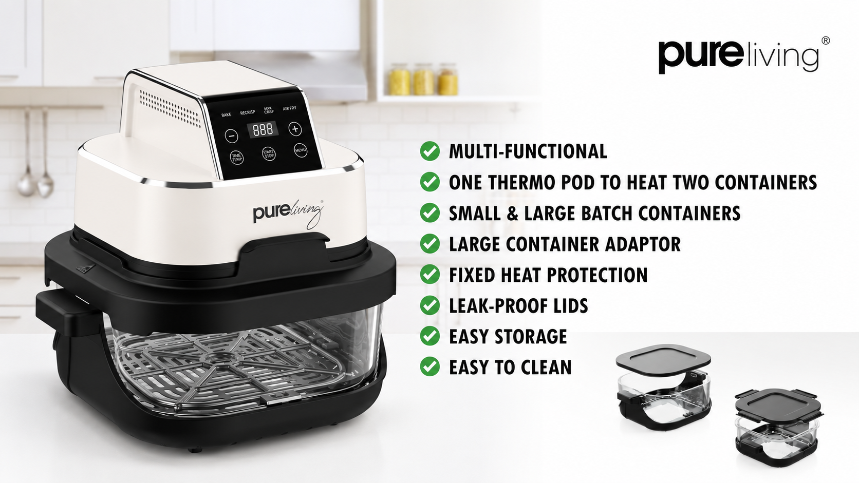 Pure Living Dual Glass Multi-Purpose Air Fryer - White