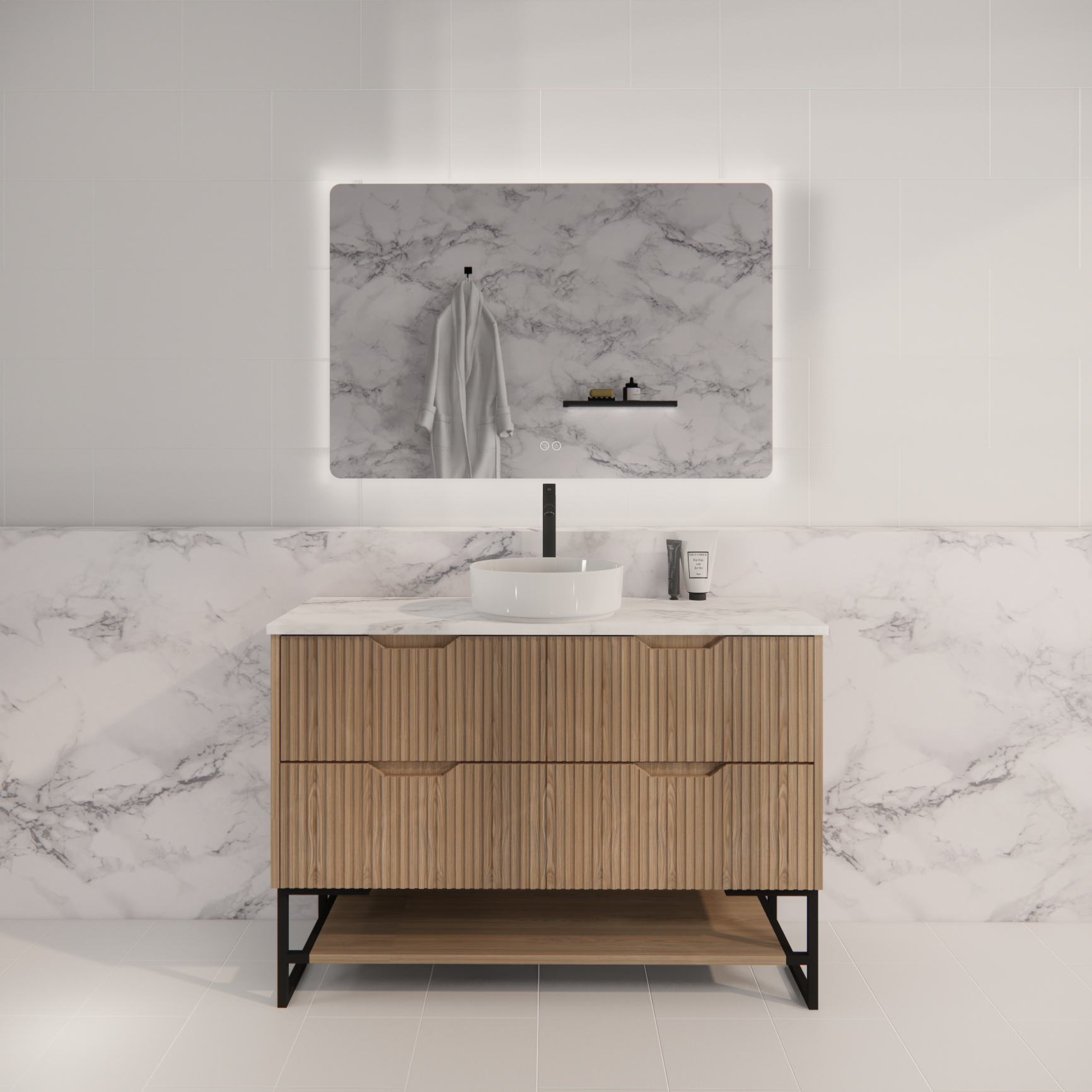 Pure Living Bali Freestanding Vanity with Carrara Top - American Oak