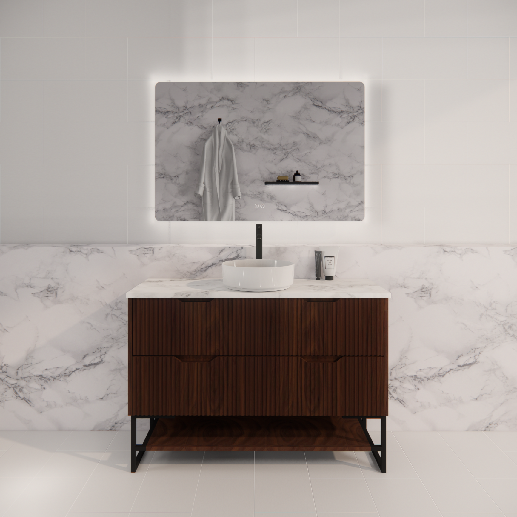 Pure Living Bali Freestanding Vanity with Carrara Top - Brown Oak