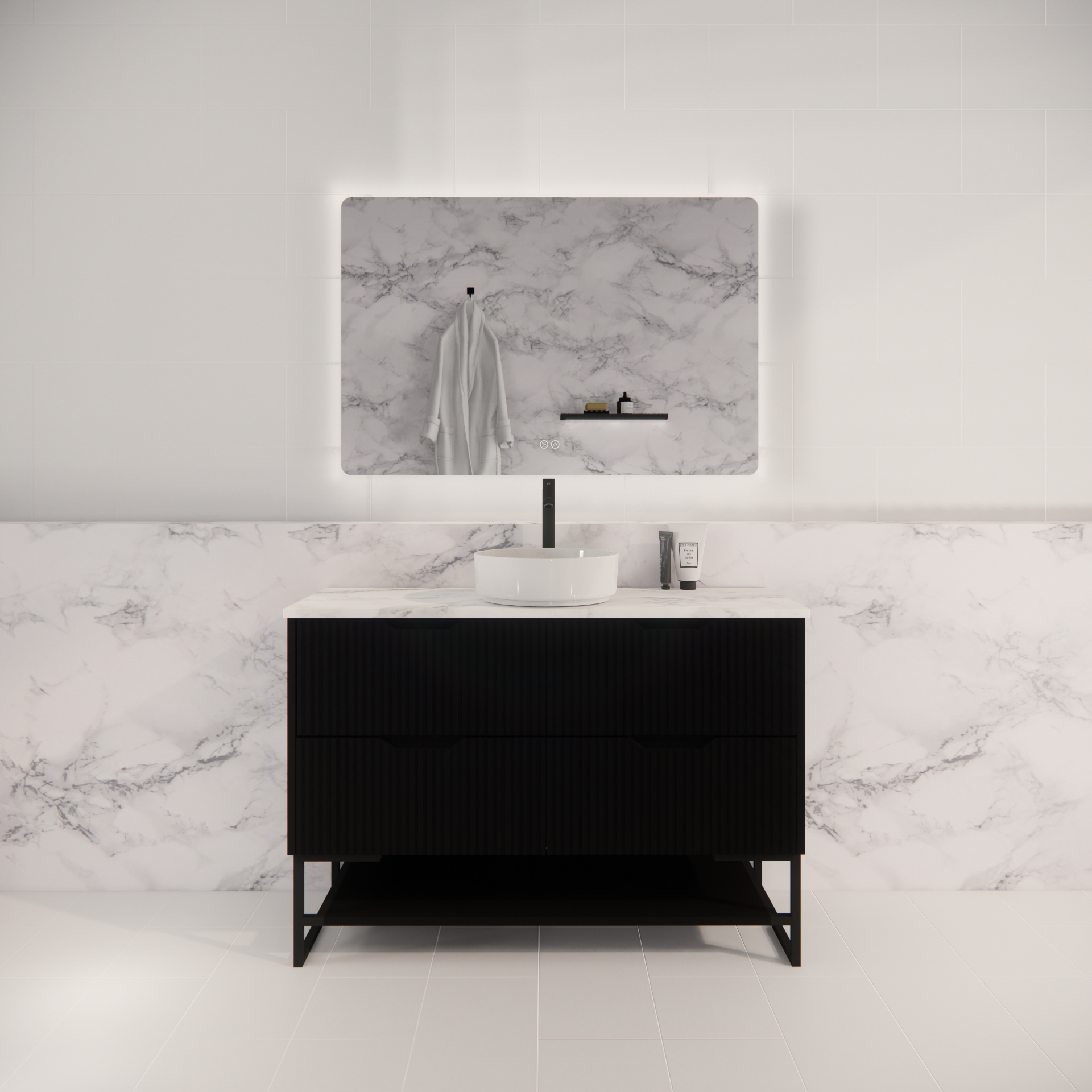 Pure Living Bali Freestanding Vanity with Carrara Top - Matt Black