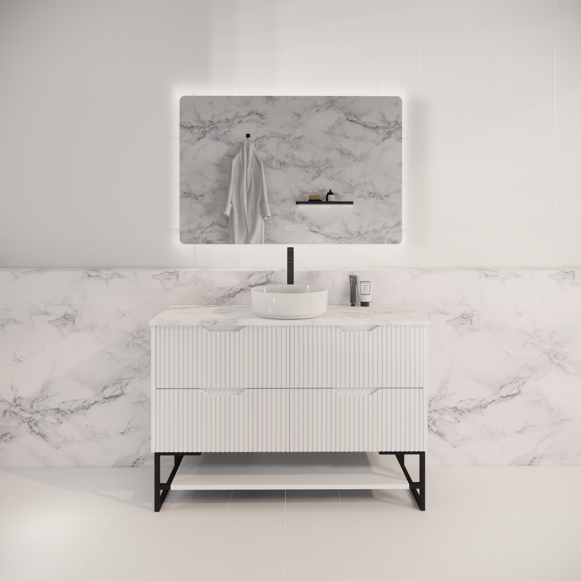 Pure Living Bali Freestanding Vanity with Carrara Top - Matt White