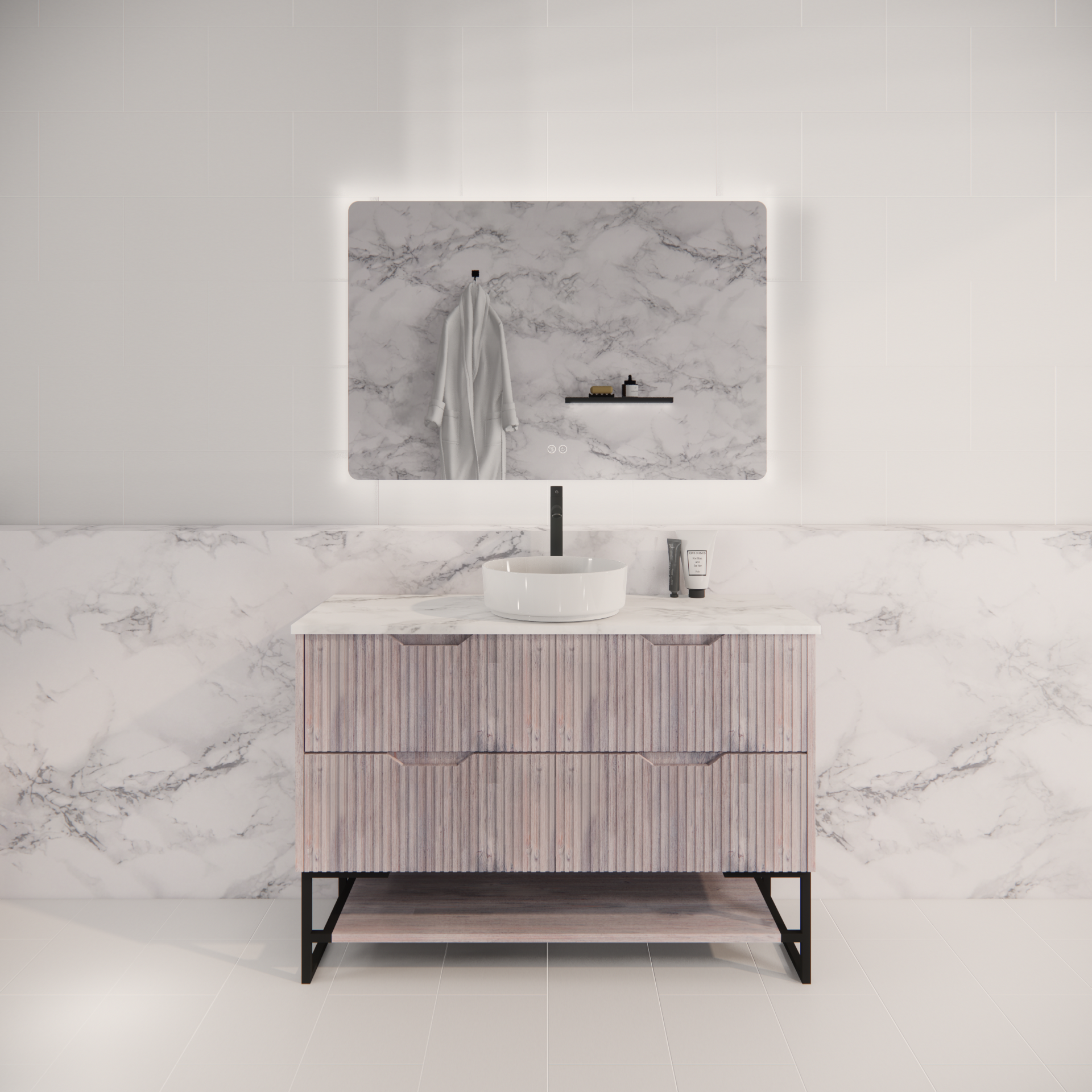 Pure Living Bali Freestanding Vanity with Carrara Top - White Oak