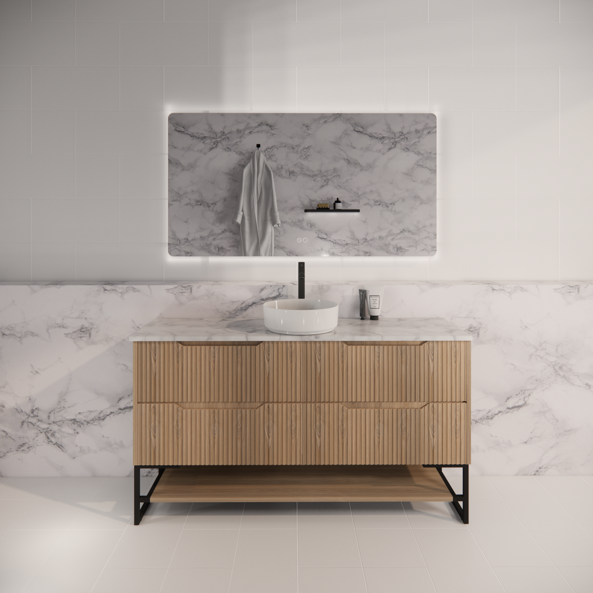 Pure Living Bali Freestanding Vanity with Carrara Top - American Oak