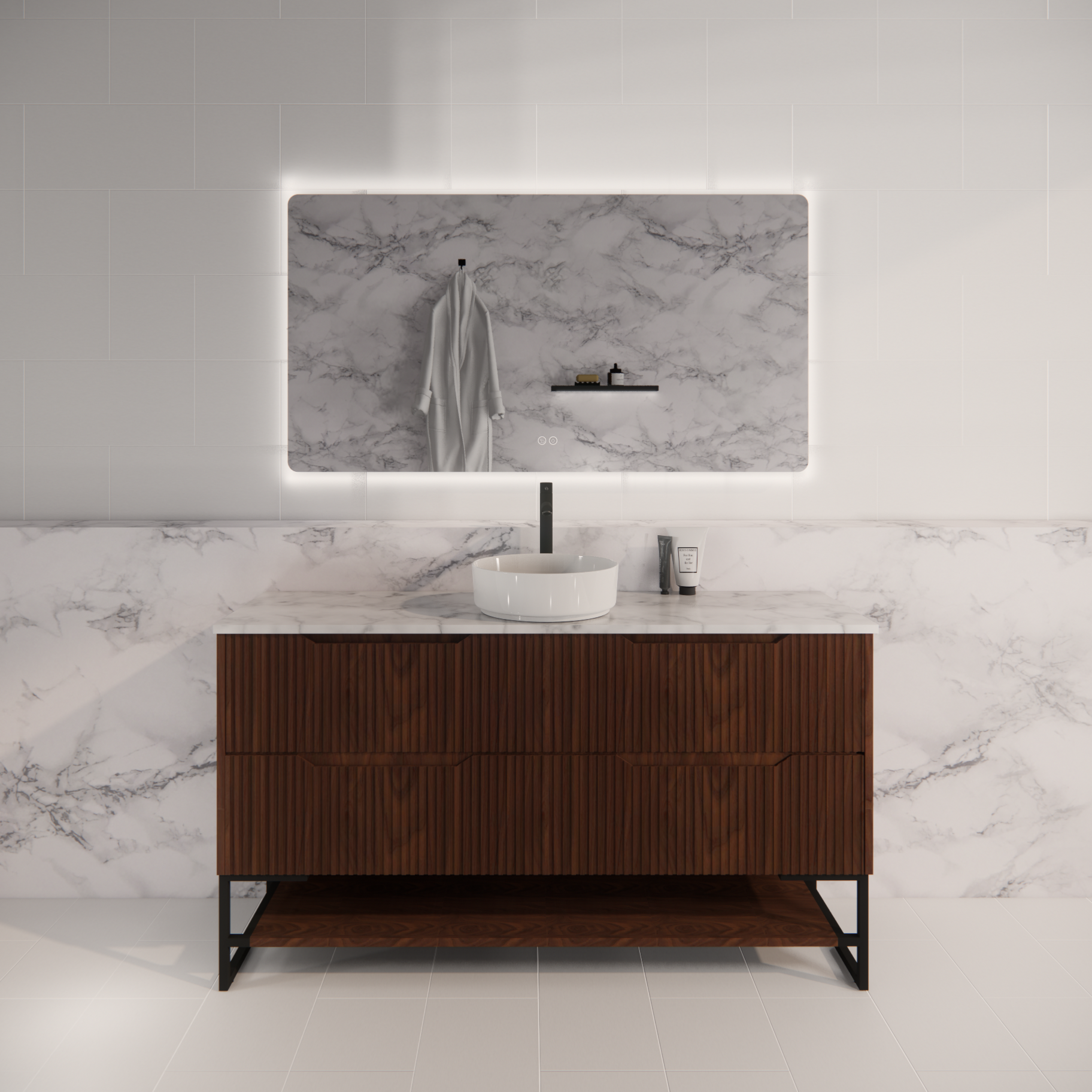 Pure Living Bali Freestanding Vanity with Carrara Top - Brown Oak