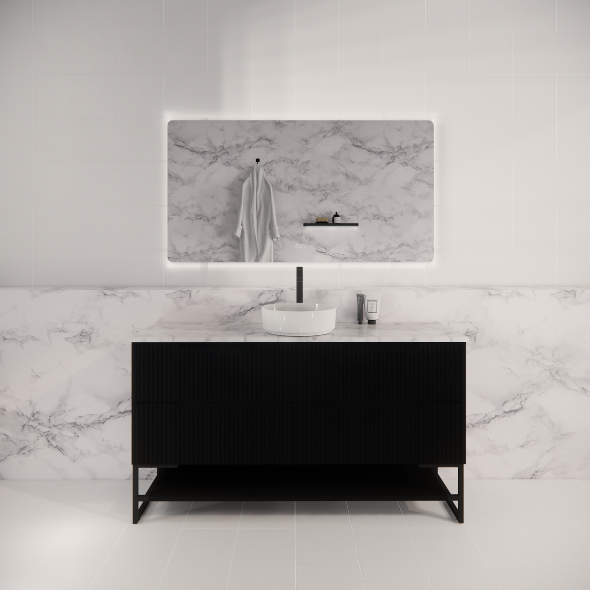 Pure Living Bali Freestanding Vanity with Carrara Top - Matt Black