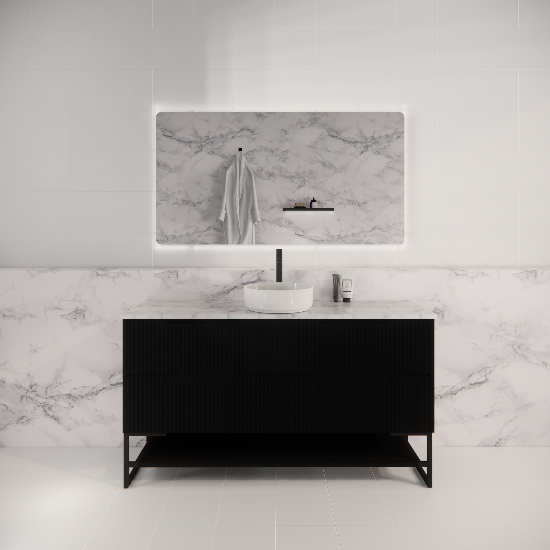 Pure Living Bali Freestanding Vanity with Carrara Top - Matt Black