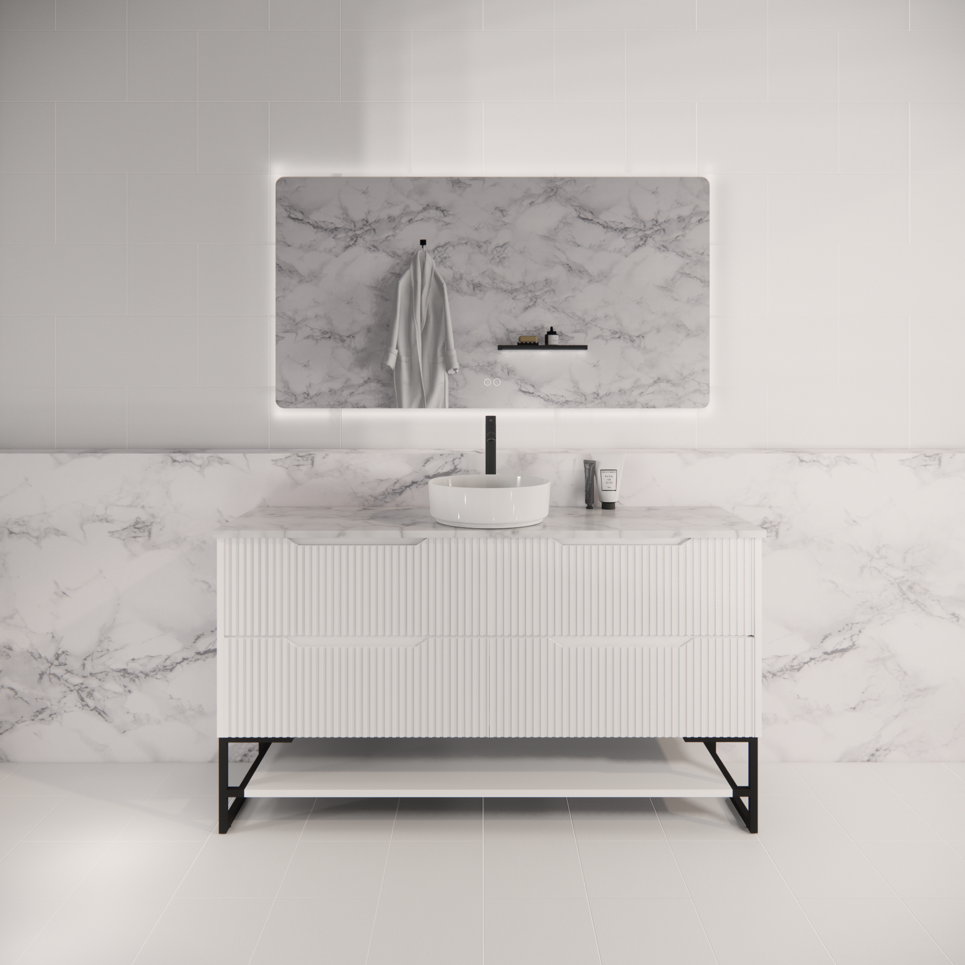 Pure Living Bali Freestanding Vanity with Carrara Top - Matt White