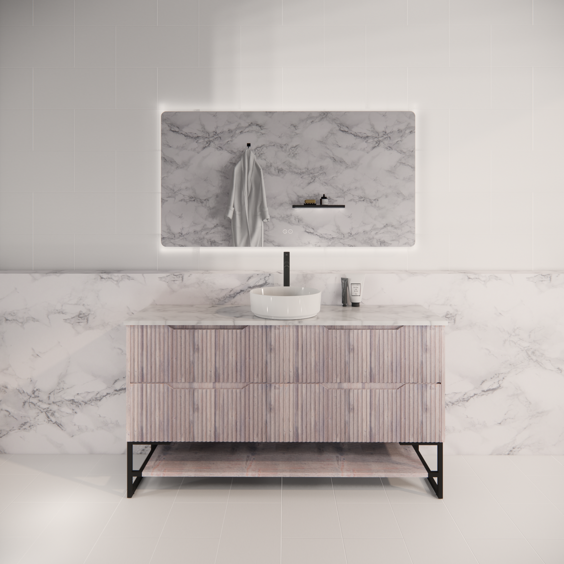 Pure Living Bali Freestanding Vanity with Carrara Top - White Oak