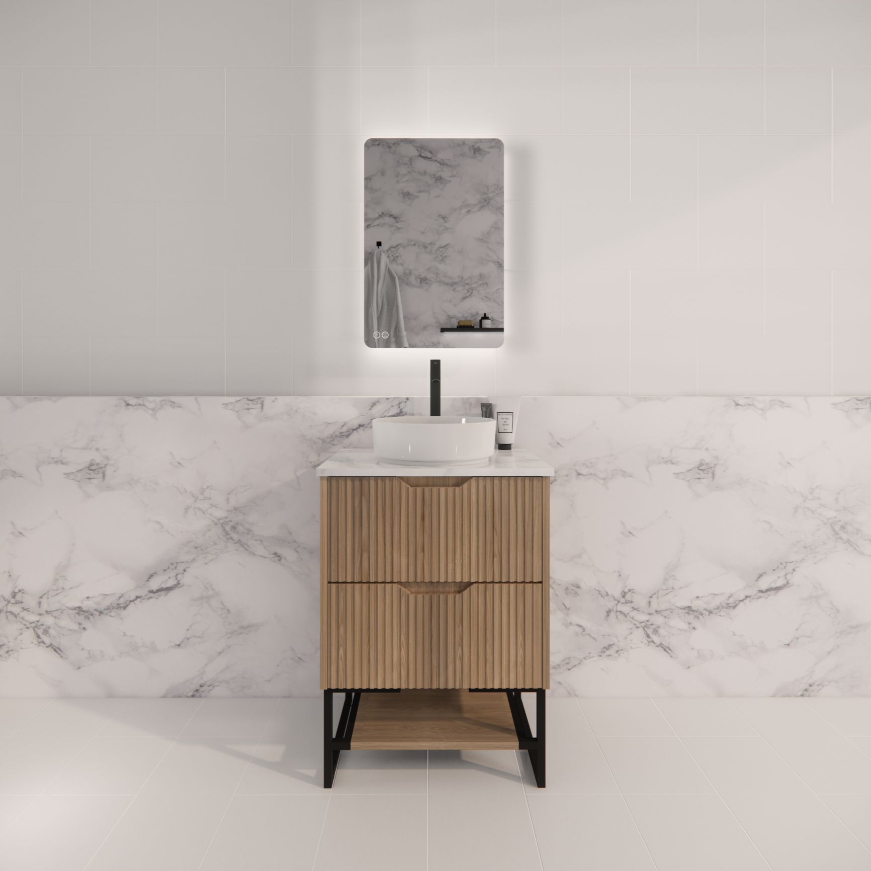 Pure Living Bali Freestanding Vanity with Carrara Top - American Oak