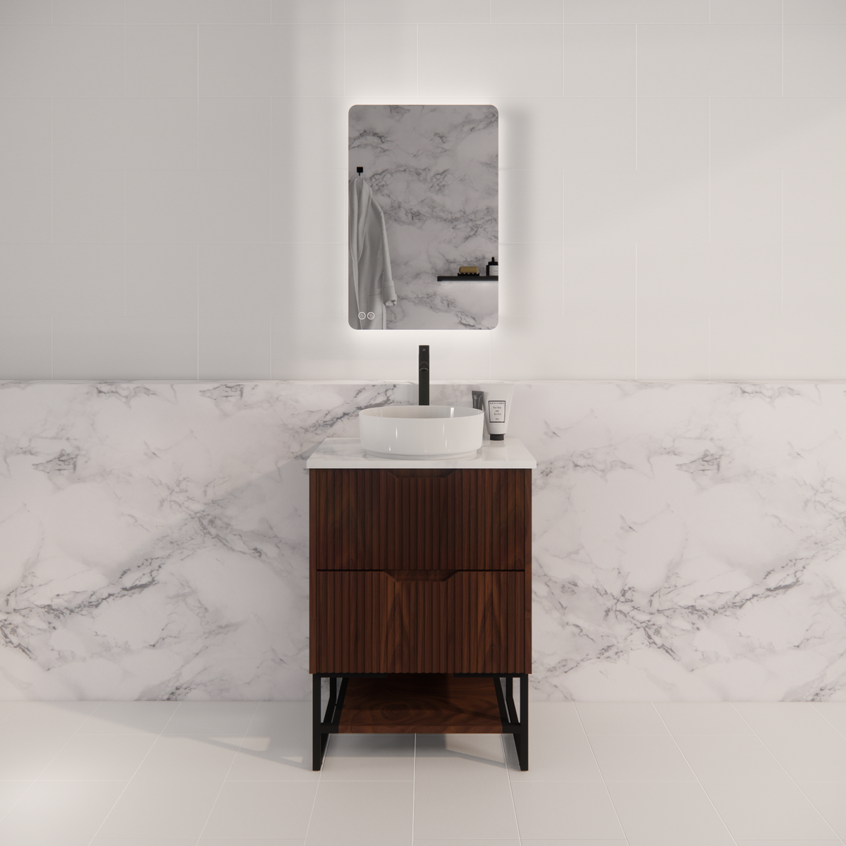Pure Living Bali Freestanding Vanity with Carrara Top - Brown Oak