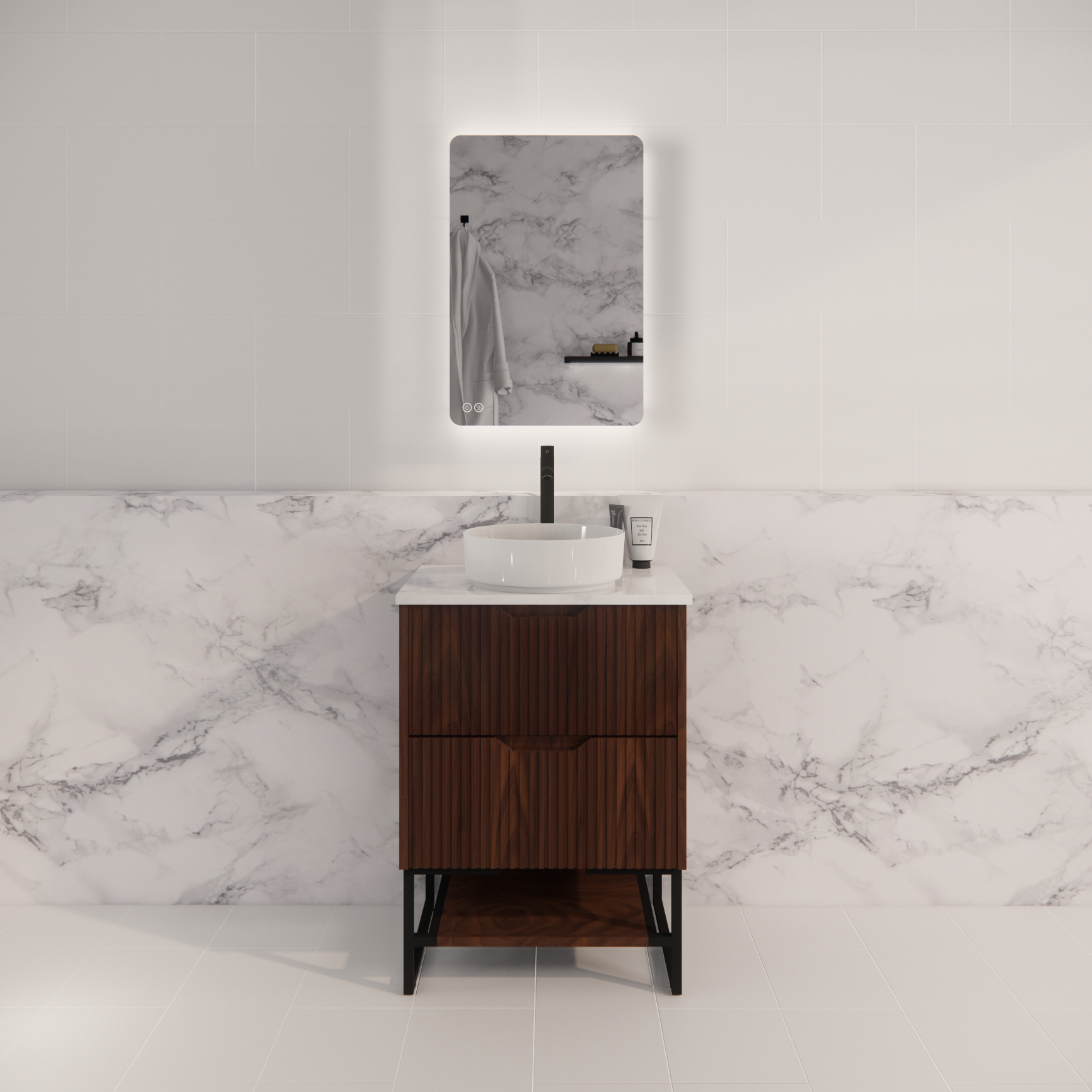 Pure Living Bali Freestanding Vanity with Carrara Top - Brown Oak