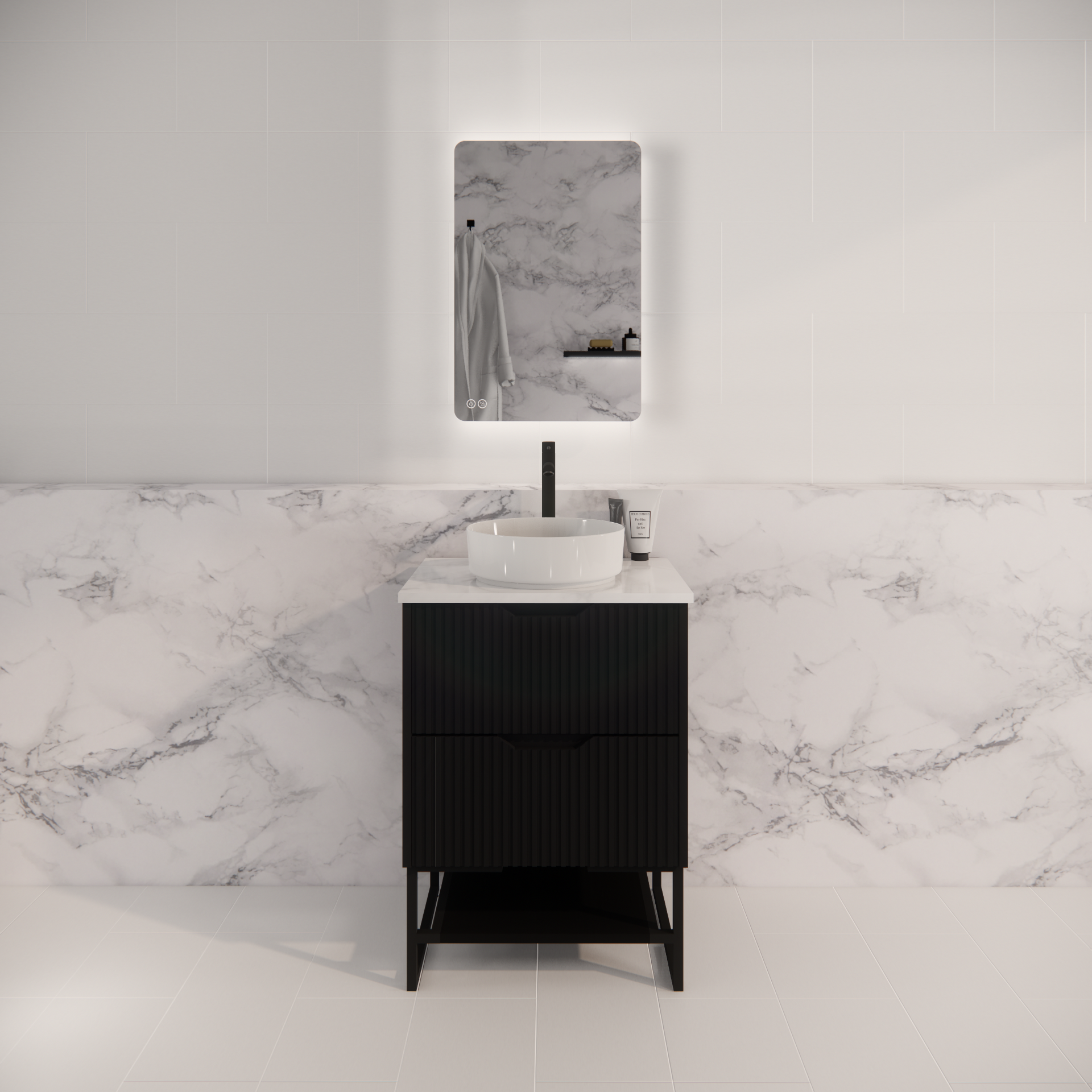 Pure Living Bali Freestanding Vanity with Carrara Top - Matt Black