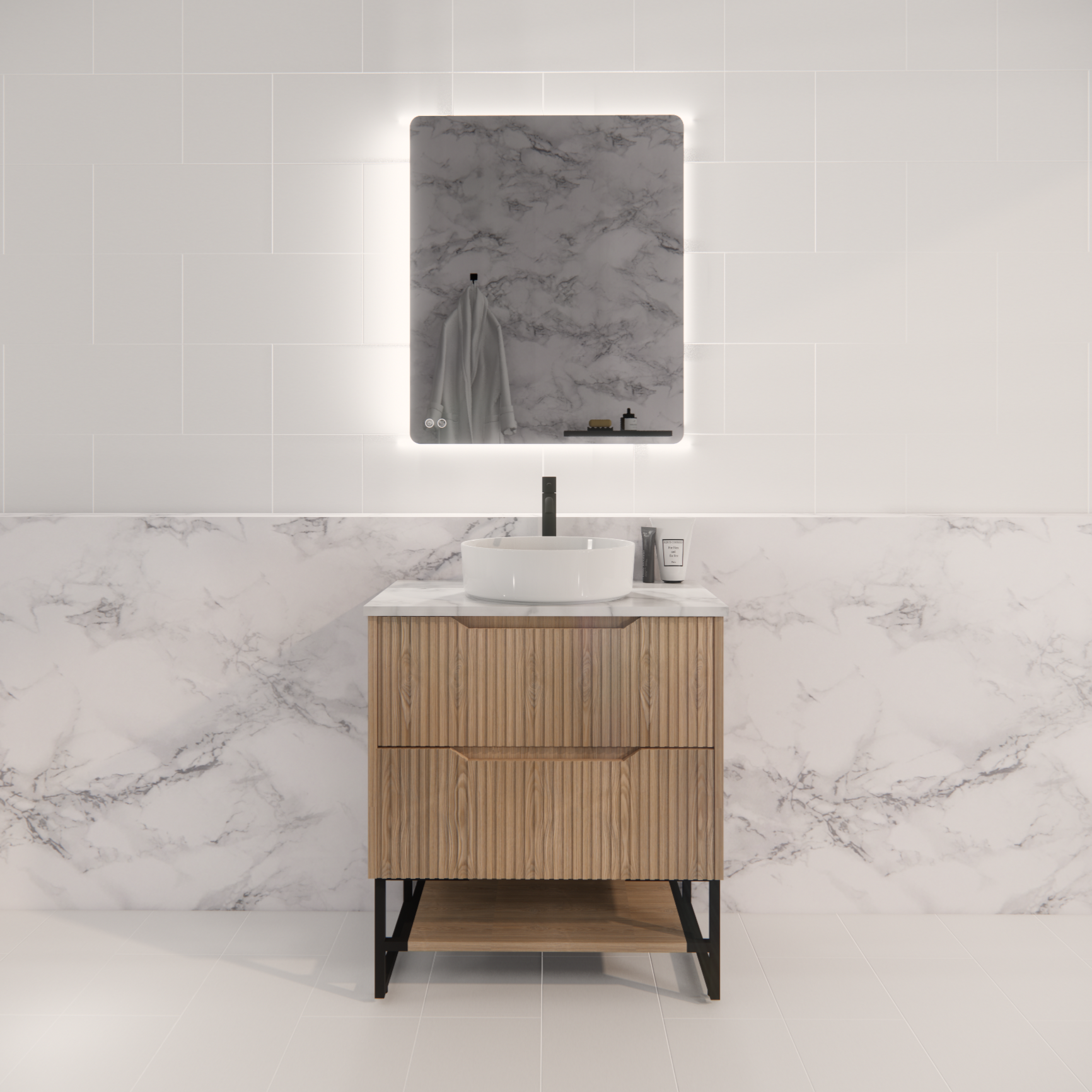 Pure Living Bali Freestanding Vanity with Carrara Top - American Oak