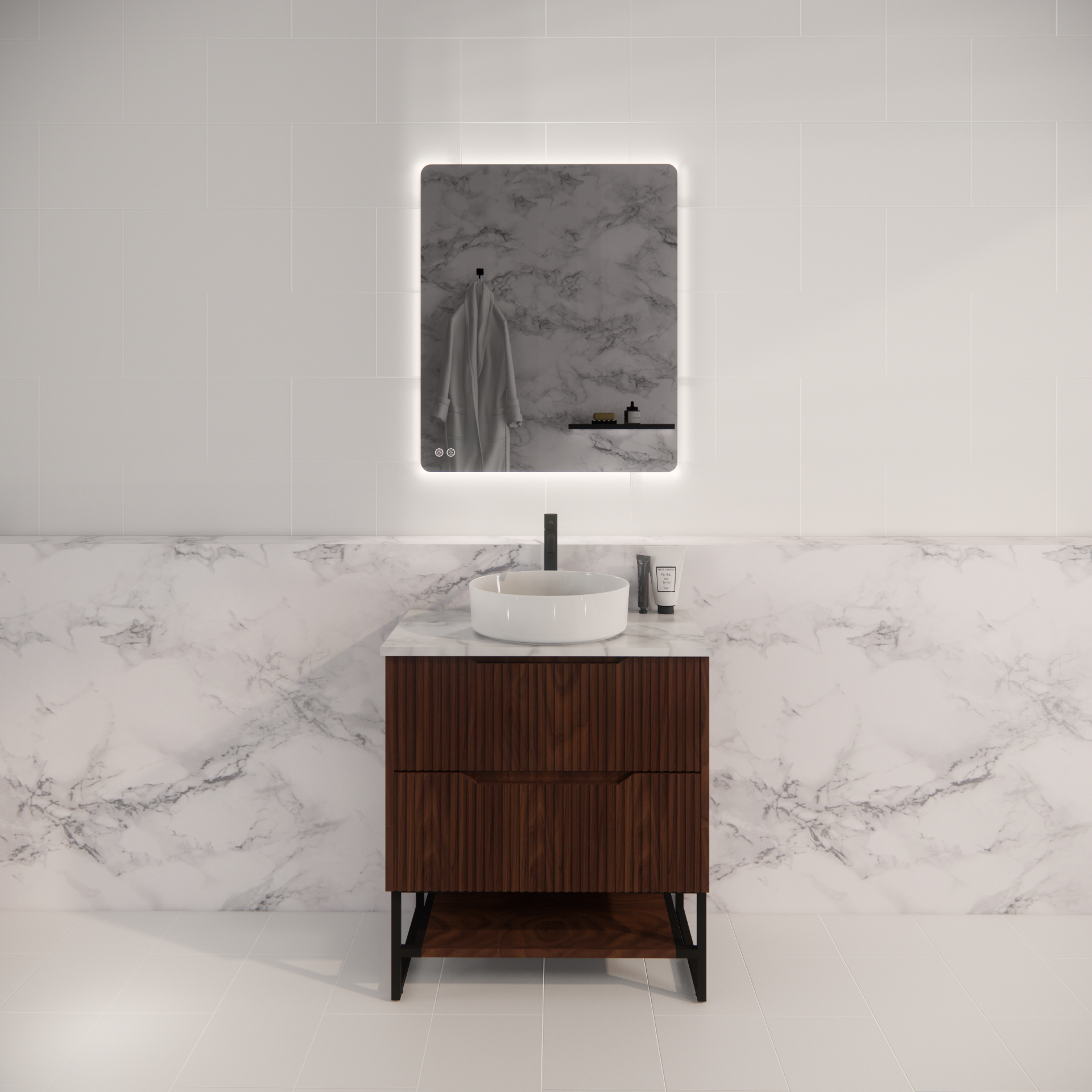 Pure Living Bali Freestanding Vanity with Carrara Top - Brown Oak