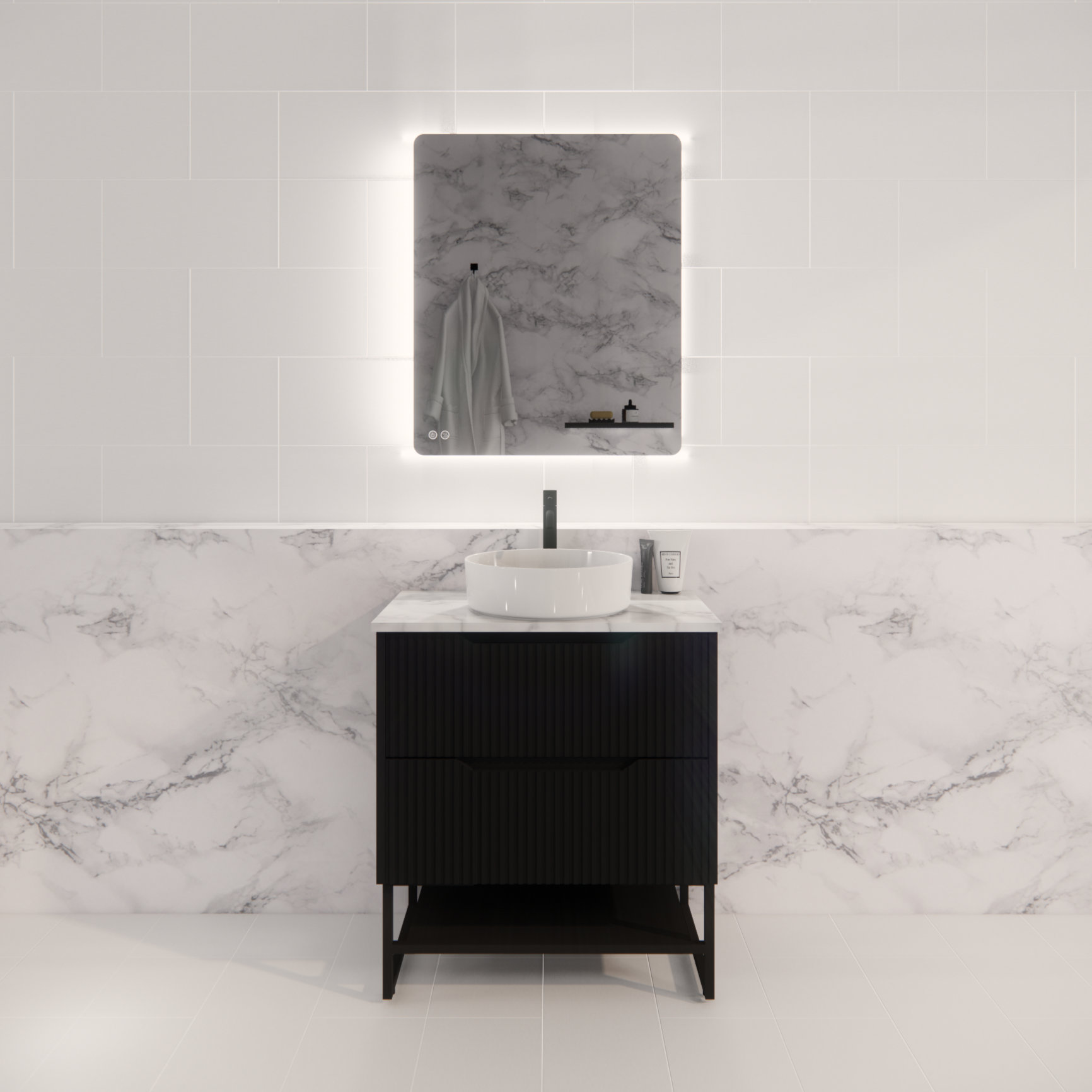 Pure Living Bali Freestanding Vanity with Carrara Top - Matt Black