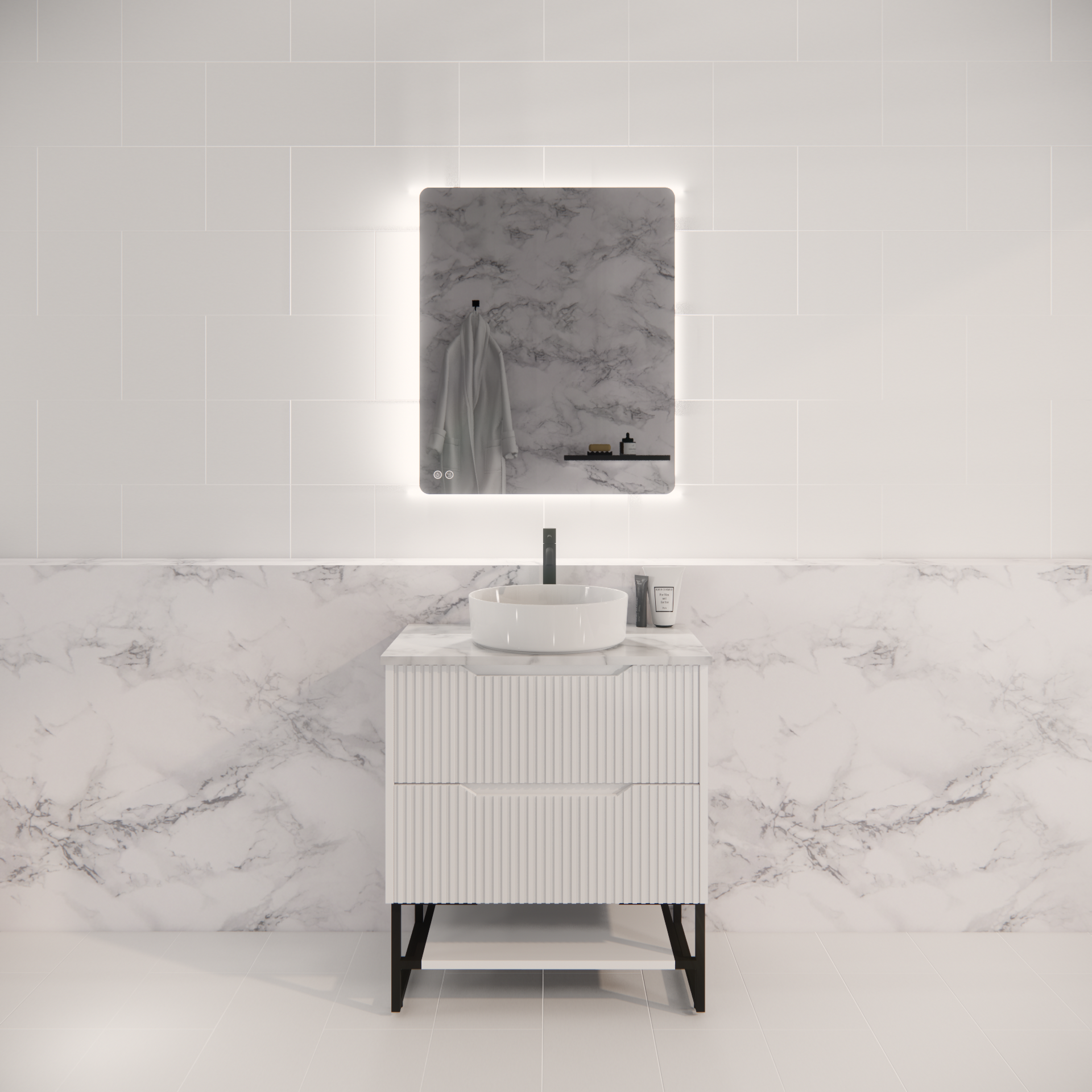 Pure Living Bali Freestanding Vanity with Carrara Top - Matt White