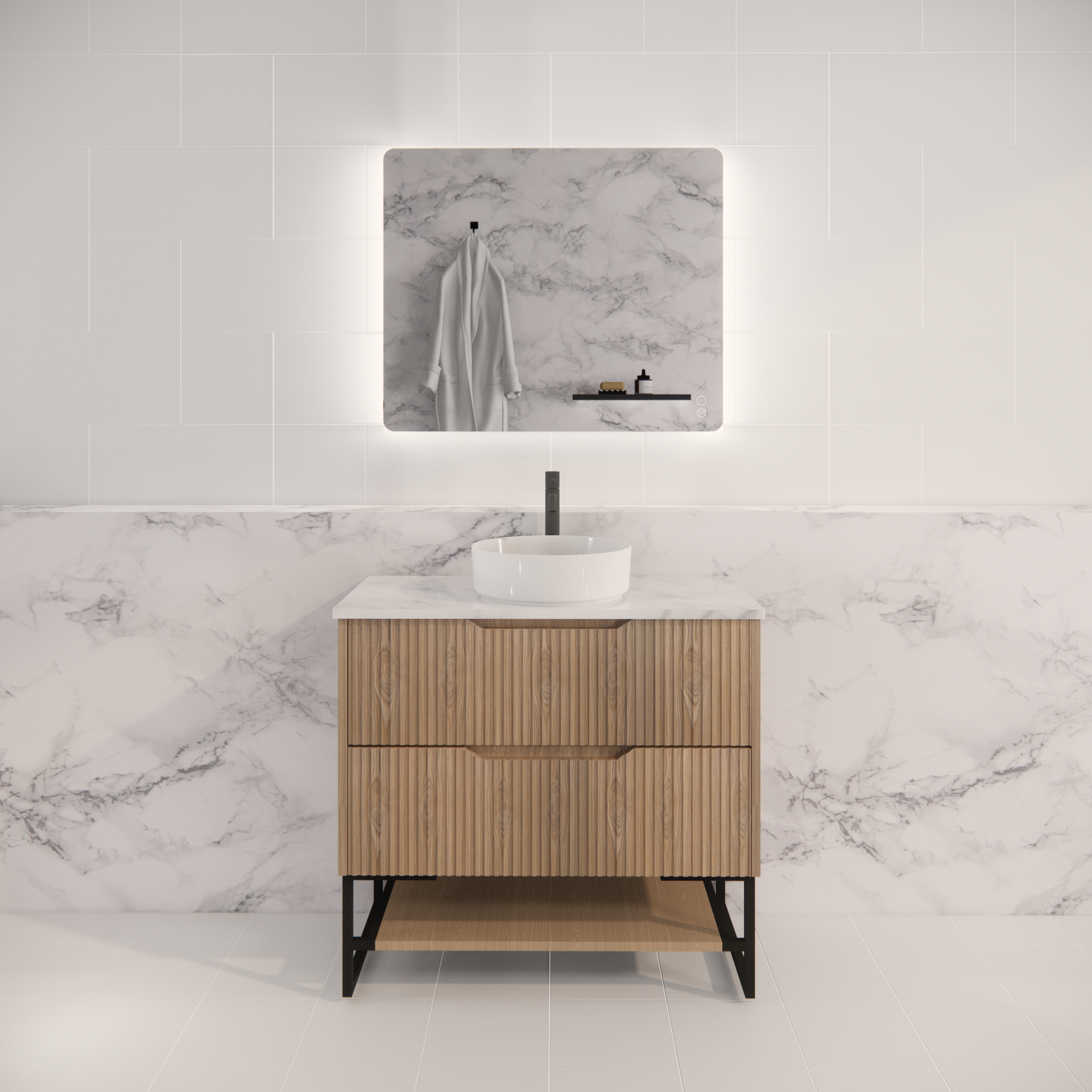 Pure Living Bali Freestanding Vanity with Carrara Top - American Oak