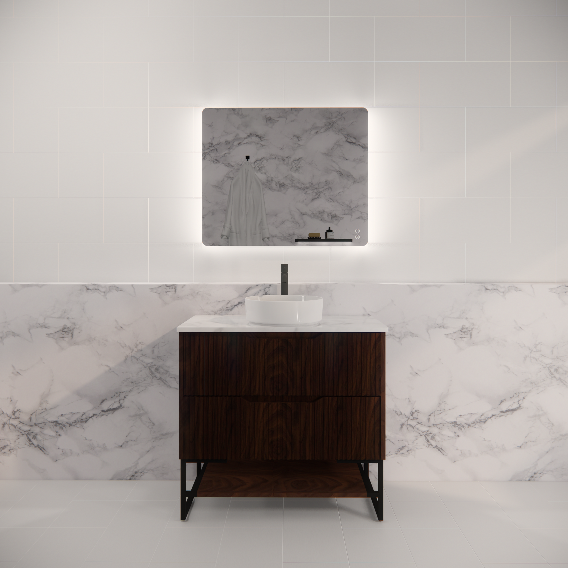 Pure Living Bali Freestanding Vanity with Carrara Top - Brown Oak