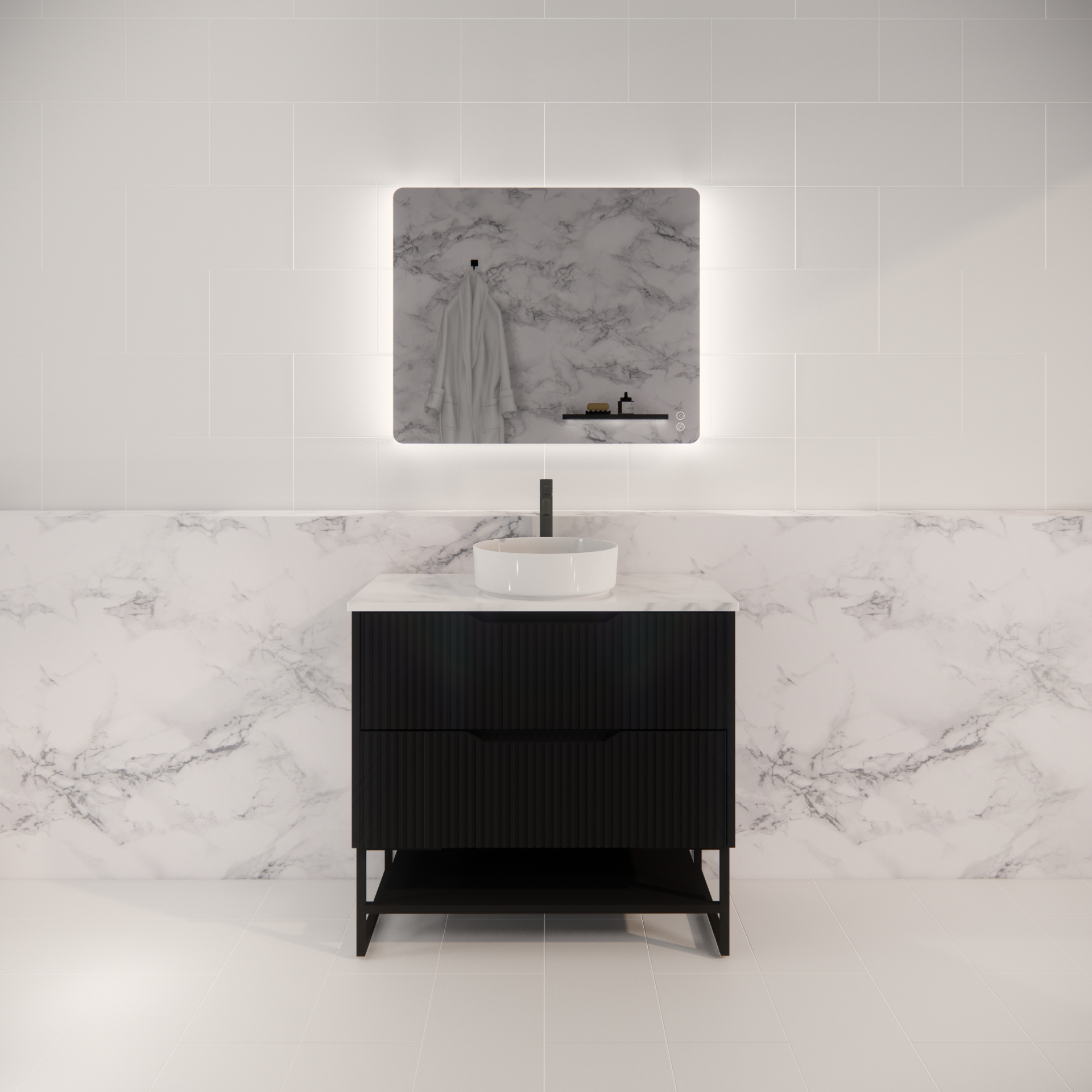 Pure Living Bali Freestanding Vanity with Carrara Top - Matt Black