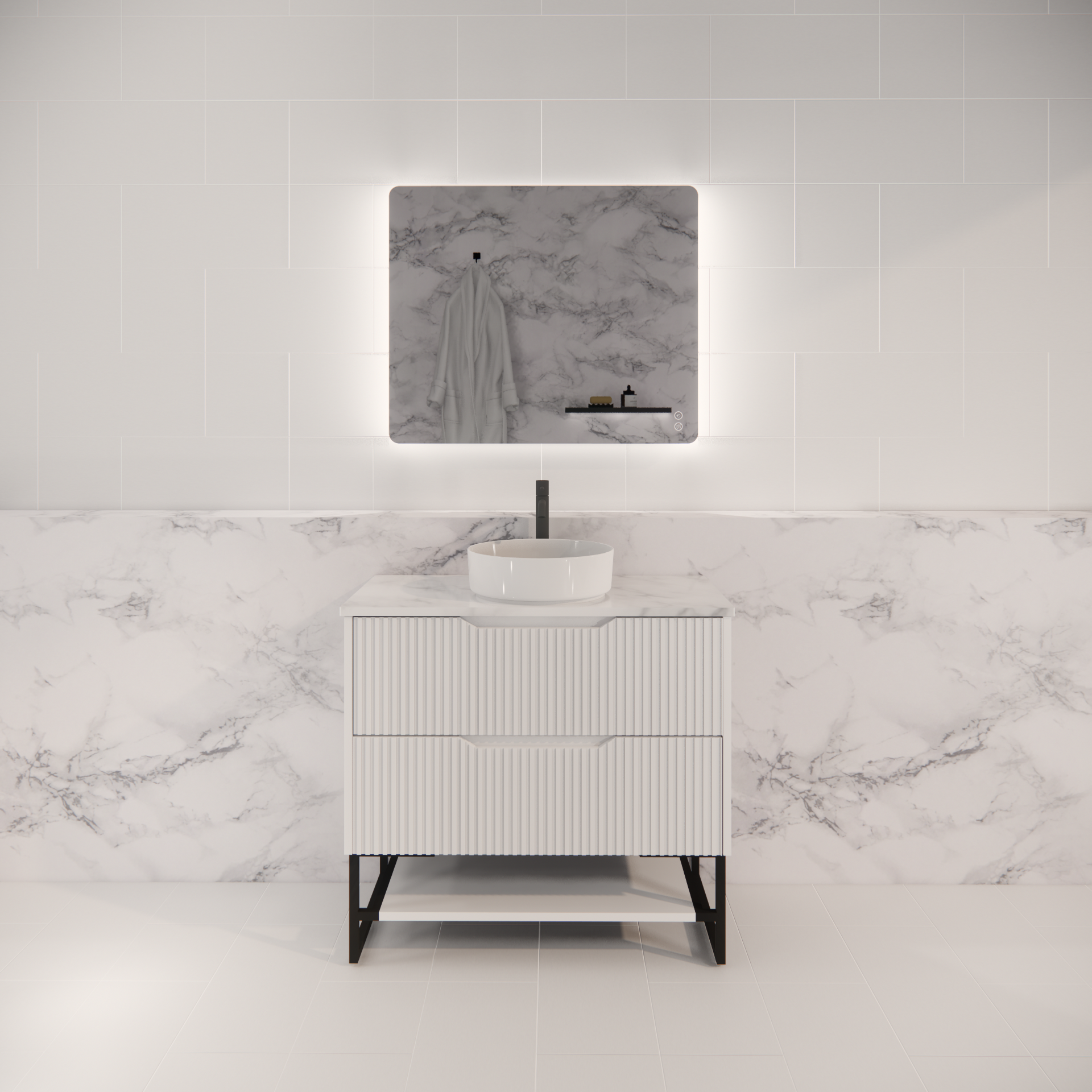 Pure Living Bali Freestanding Vanity with Carrara Top - Matt White